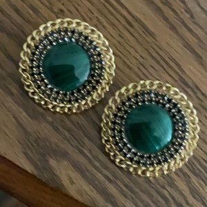 Gold clip earrings with green malachite stone and black crystals around stone.